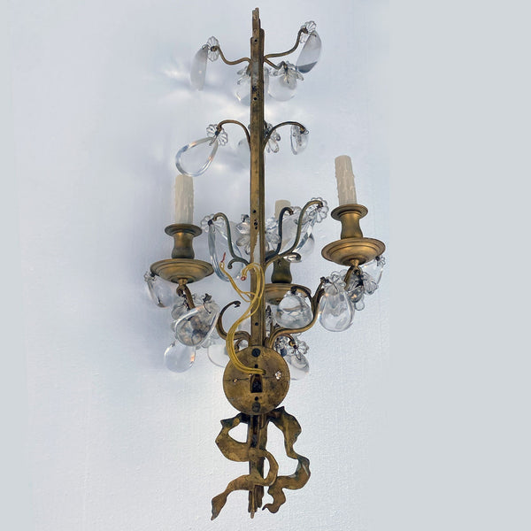 Pair Large French Louis XV Style Gilt Brass and Crystal Three-Light Wall Sconces