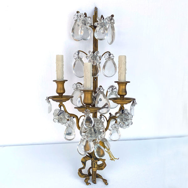 Pair Large French Louis XV Style Gilt Brass and Crystal Three-Light Wall Sconces