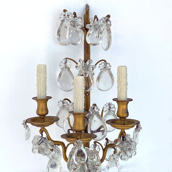 Pair Large French Louis XV Style Gilt Brass and Crystal Three-Light Wall Sconces