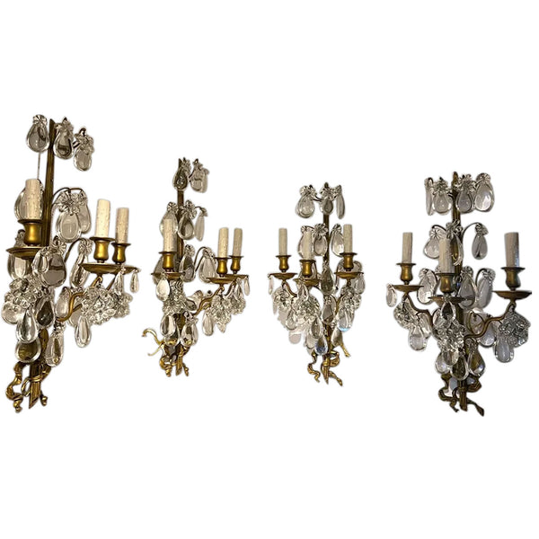 Pair Large French Louis XV Style Gilt Brass and Crystal Three-Light Wall Sconces