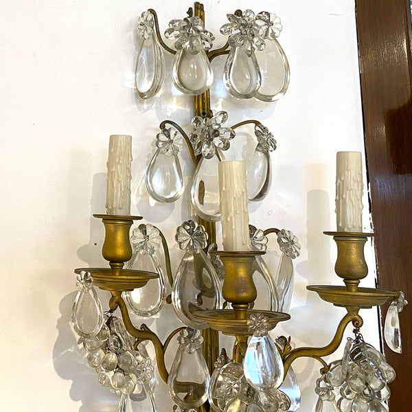 Pair Large French Louis XV Style Gilt Brass and Crystal Three-Light Wall Sconces