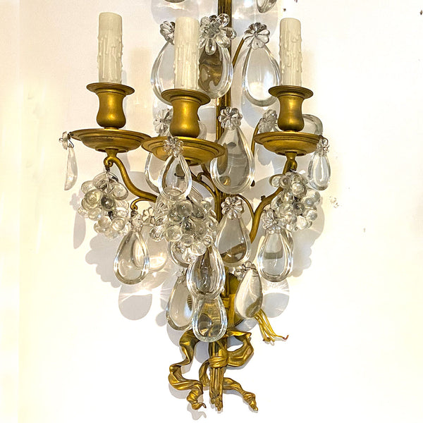 Pair Large French Louis XV Style Gilt Brass and Crystal Three-Light Wall Sconces