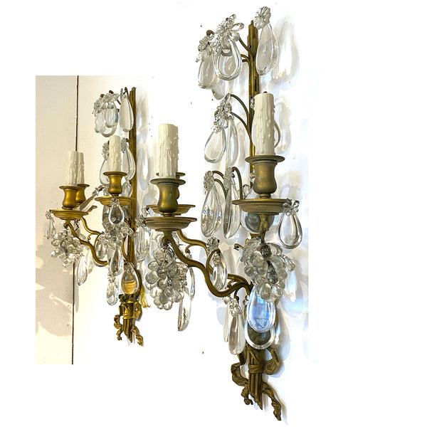 Pair Large French Louis XV Style Gilt Brass and Crystal Three-Light Wall Sconces