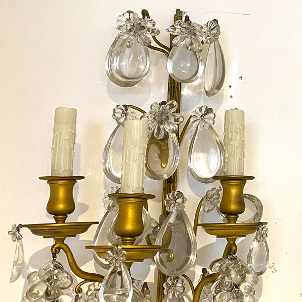 Pair Large French Louis XV Style Gilt Brass and Crystal Three-Light Wall Sconces