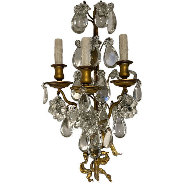 Pair Large French Louis XV Style Gilt Brass and Crystal Three-Light Wall Sconces