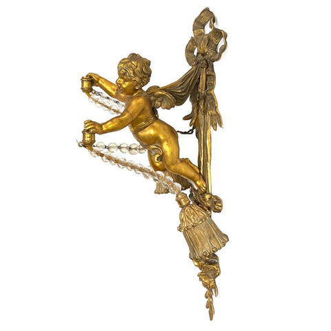 Austrian Gilt Bronze and Crystal Flying Putto Two-Light Wall Sconce