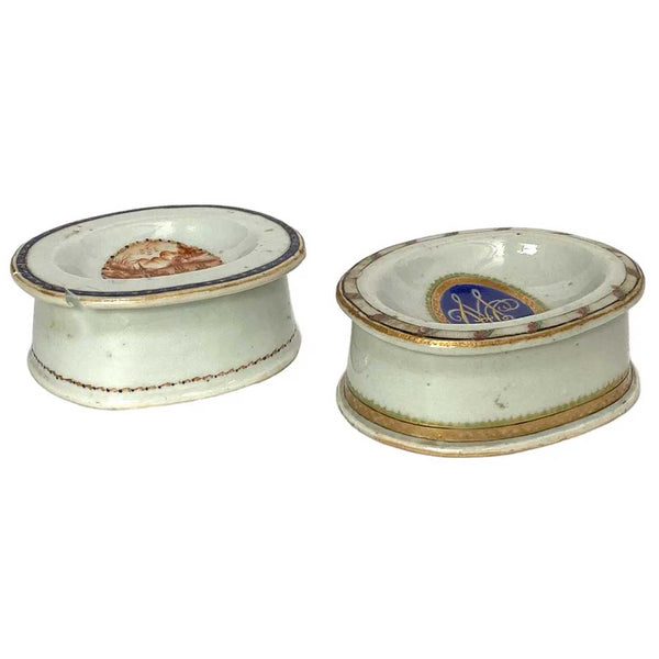 Two Chinese Export Porcelain Armorial and Scenic Open Salt Dips / Cellars