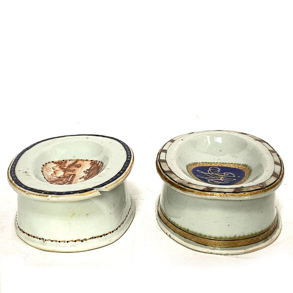 Two Chinese Export Porcelain Armorial and Scenic Open Salt Dips / Cellars