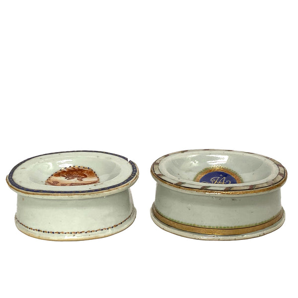 Two Chinese Export Porcelain Armorial and Scenic Open Salt Dips / Cellars