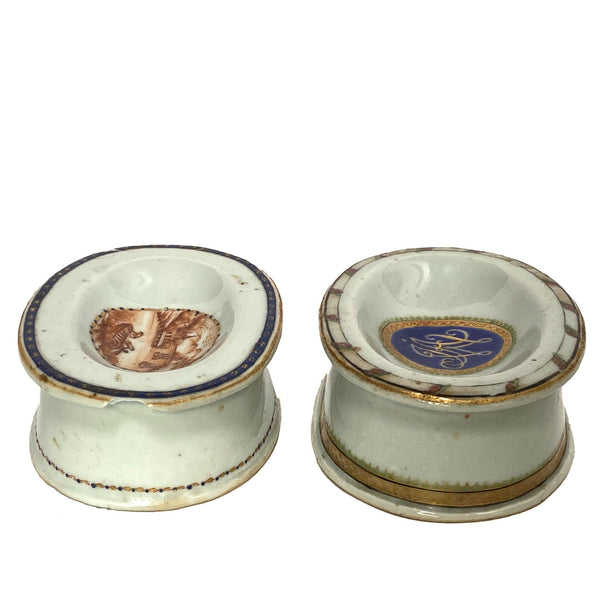 Two Chinese Export Porcelain Armorial and Scenic Open Salt Dips / Cellars