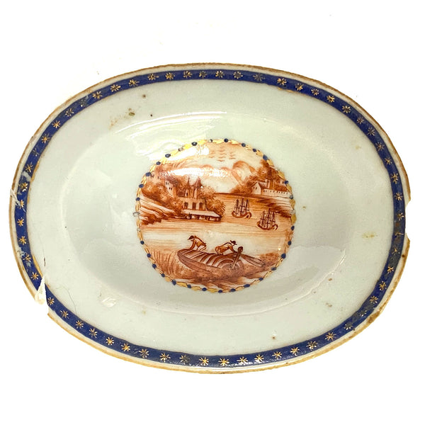 Two Chinese Export Porcelain Armorial and Scenic Open Salt Dips / Cellars