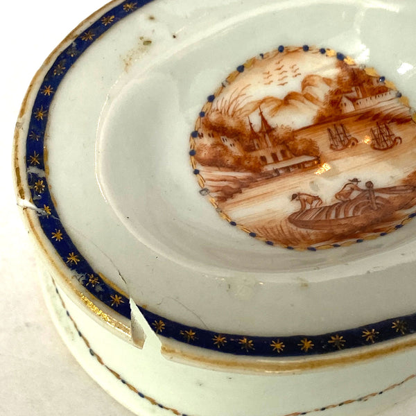 Two Chinese Export Porcelain Armorial and Scenic Open Salt Dips / Cellars