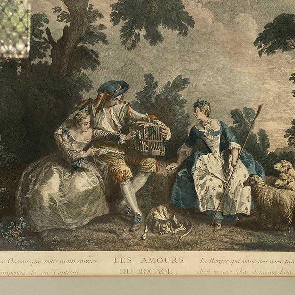 N. de LARMESSIN III Colored Engraving, Les Amours du Bocage after N. Lancret