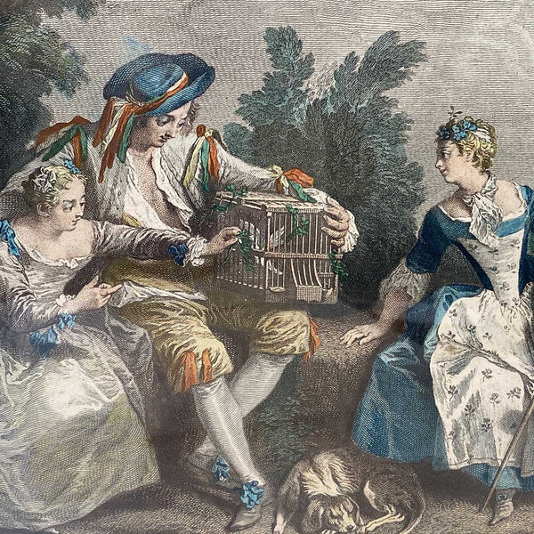 N. de LARMESSIN III Colored Engraving, Les Amours du Bocage after N. Lancret