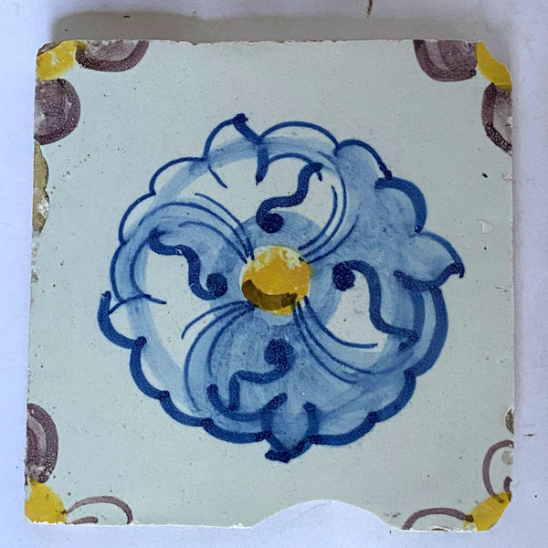 Portuguese Tin Glazed Pottery Azulejo Floral Tile