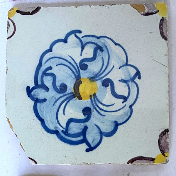 Portuguese Tin Glazed Pottery Azulejo Floral Tile