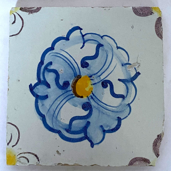 Portuguese Tin Glazed Pottery Azulejo Floral Tile