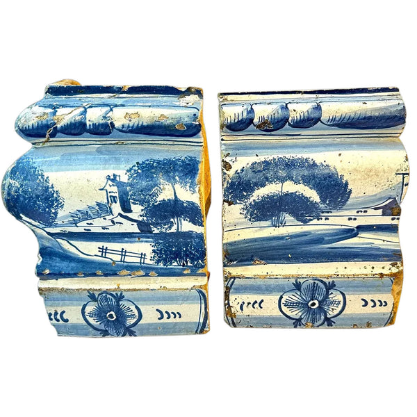 Two Dutch Baroque Delft Blue and White Pottery Tile Architectural Trim Fragments