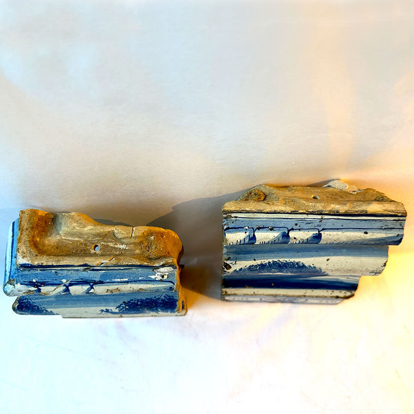 Two Dutch Baroque Delft Blue and White Pottery Tile Architectural Trim Fragments