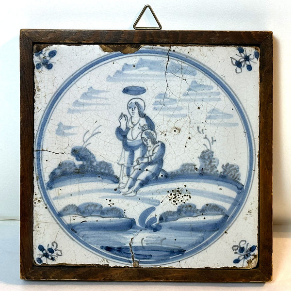 Dutch Delft Blue and White Pottery Framed Religious Scene Tile