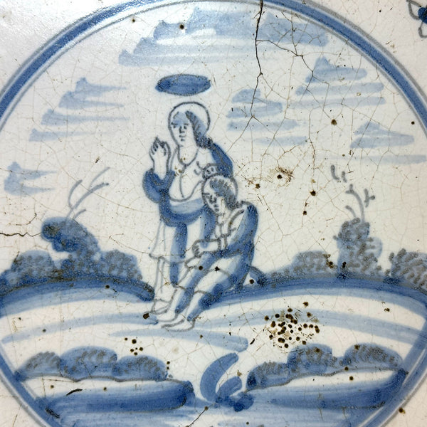 Dutch Delft Blue and White Pottery Framed Religious Scene Tile