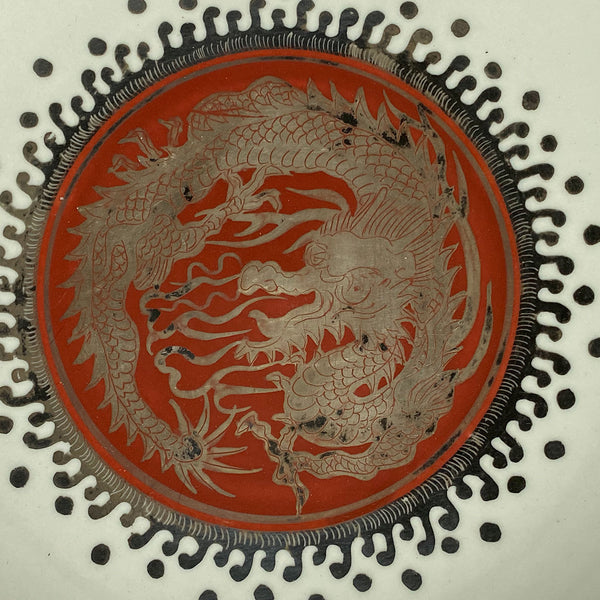 Japanese EIRAKU WAZEN Silver Iron Red Porcelain Round Dragon Plate