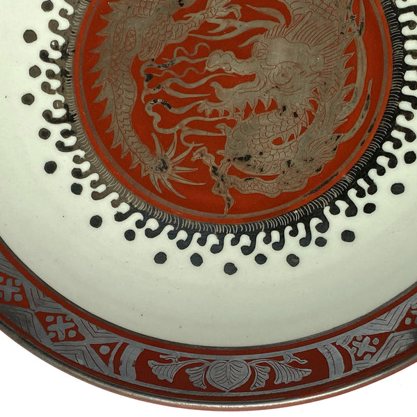 Japanese EIRAKU WAZEN Silver Iron Red Porcelain Round Dragon Plate