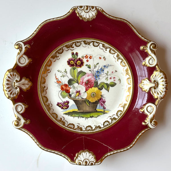 English Samuel Alcock Porcelain Floral Basket Claret Ground Plate