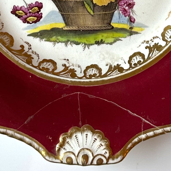 English Samuel Alcock Porcelain Floral Basket Claret Ground Plate