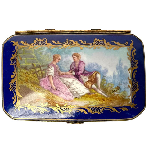 French Signed Sevres Style Hand Painted Parcel Gilt Porcelain Dresser Box