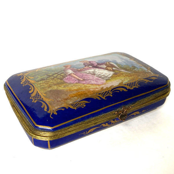 French Signed Sevres Style Hand Painted Parcel Gilt Porcelain Dresser Box