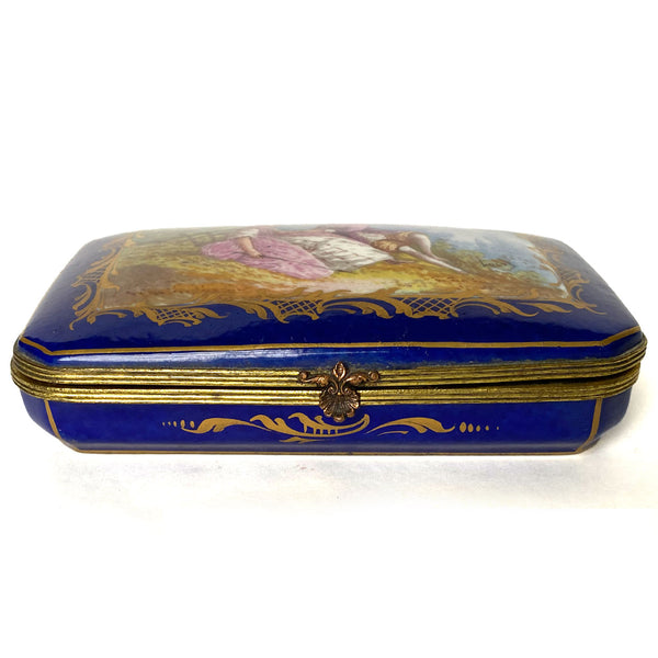 French Signed Sevres Style Hand Painted Parcel Gilt Porcelain Dresser Box