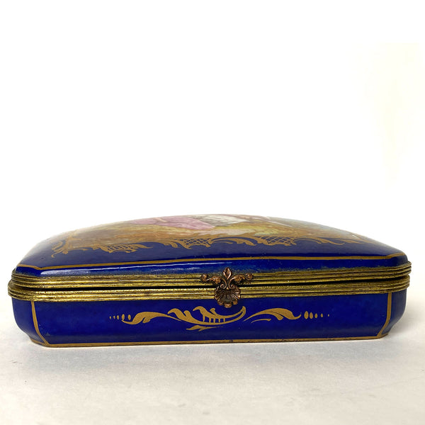 French Signed Sevres Style Hand Painted Parcel Gilt Porcelain Dresser Box