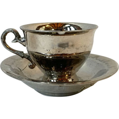 English Regency Silver Lusterware Ceramic Demitasse Cup and Saucer