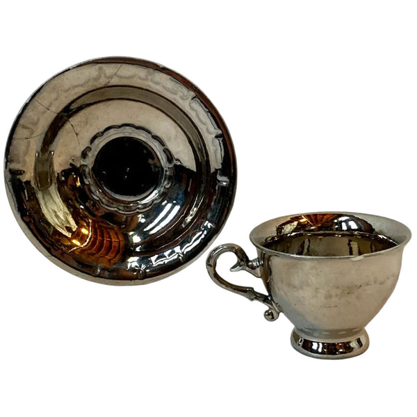 English Regency Silver Lusterware Ceramic Demitasse Cup and Saucer