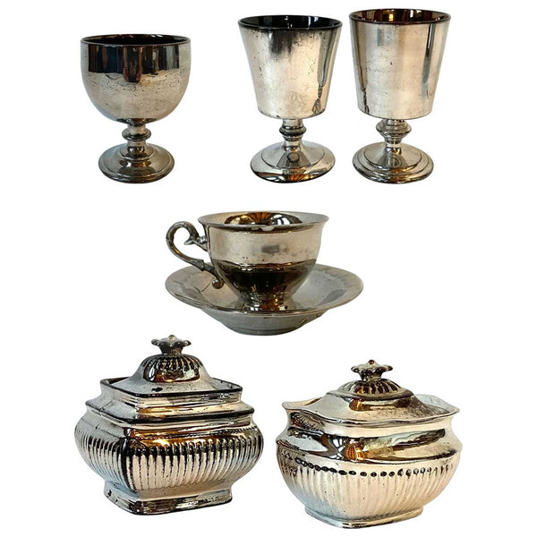 Lot 0527 | English Regency Silver Lusterware Ceramic Cup and Saucer, Sugar Bowls, Goblets