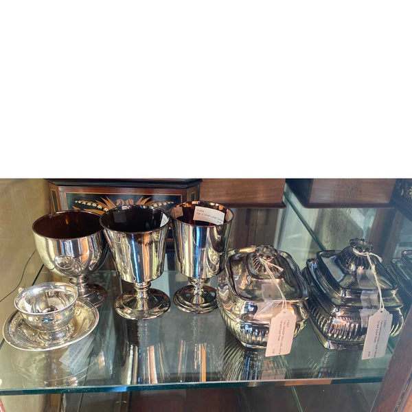 Lot 0527 | English Regency Silver Lusterware Ceramic Cup and Saucer, Sugar Bowls, Goblets