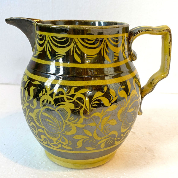 English Staffordshire Pottery Silver Luster Resist Canary Yellow Pitcher