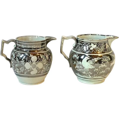 Two Similar English Regency Pearlware Pottery Silver Resist Luster Jugs