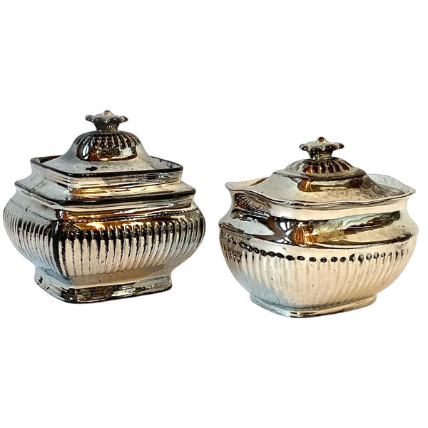 Lot 0527 | English Regency Silver Lusterware Ceramic Cup and Saucer, Sugar Bowls, Goblets