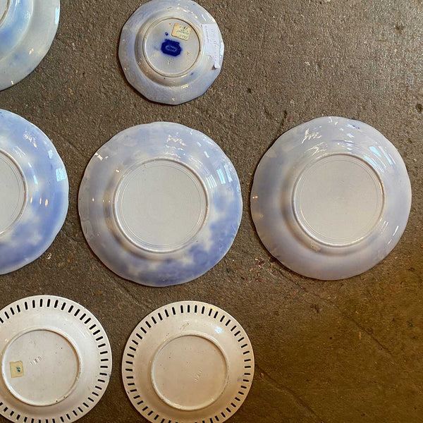 (9) English Davenport and Johnson Bros. Pottery Flow Blue and White Plates