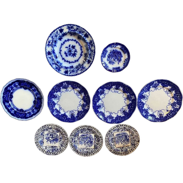 (9) English Davenport and Johnson Bros. Pottery Flow Blue and White Plates