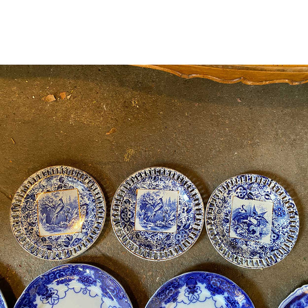 (9) English Davenport and Johnson Bros. Pottery Flow Blue and White Plates