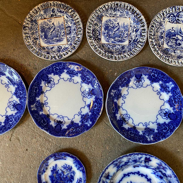 (9) English Davenport and Johnson Bros. Pottery Flow Blue and White Plates