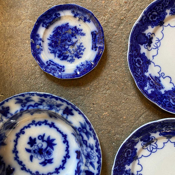 (9) English Davenport and Johnson Bros. Pottery Flow Blue and White Plates