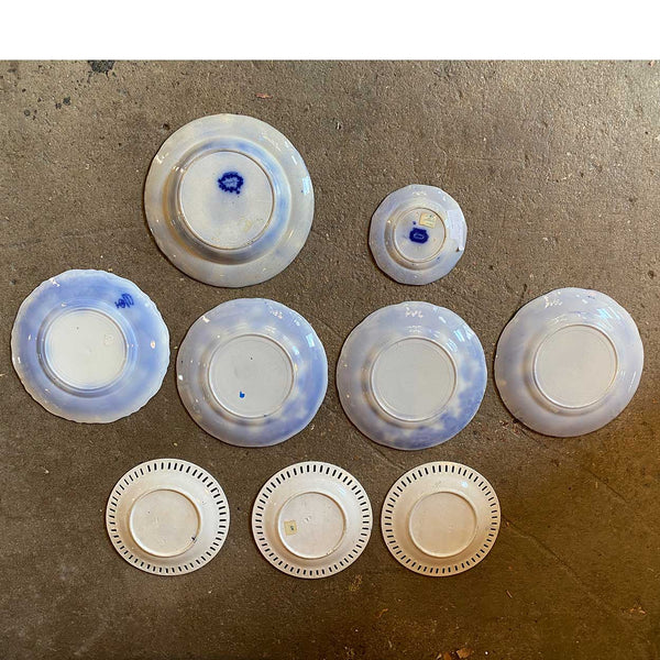 (9) English Davenport and Johnson Bros. Pottery Flow Blue and White Plates