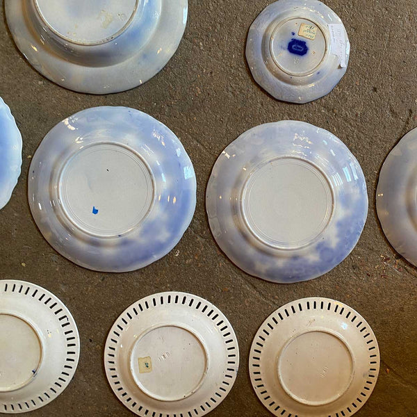 (9) English Davenport and Johnson Bros. Pottery Flow Blue and White Plates