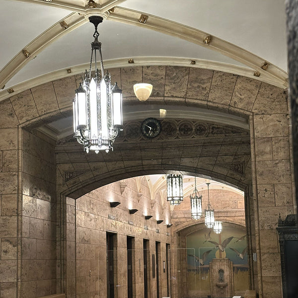 American Albert Sechrist Gothic Revival Wrought Iron, Glass Eight-Light Pendant Lantern