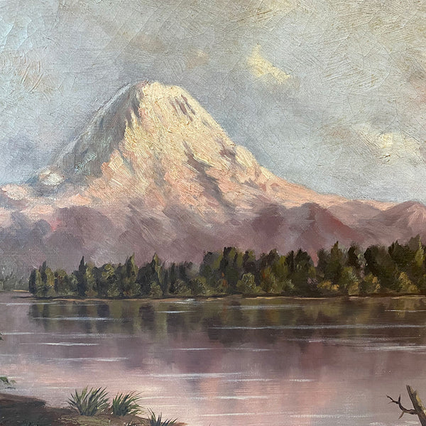 American School Oil on Canvas Painting, Mount Tacoma from Lake Washington