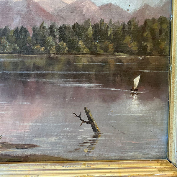 American School Oil on Canvas Painting, Mount Tacoma from Lake Washington